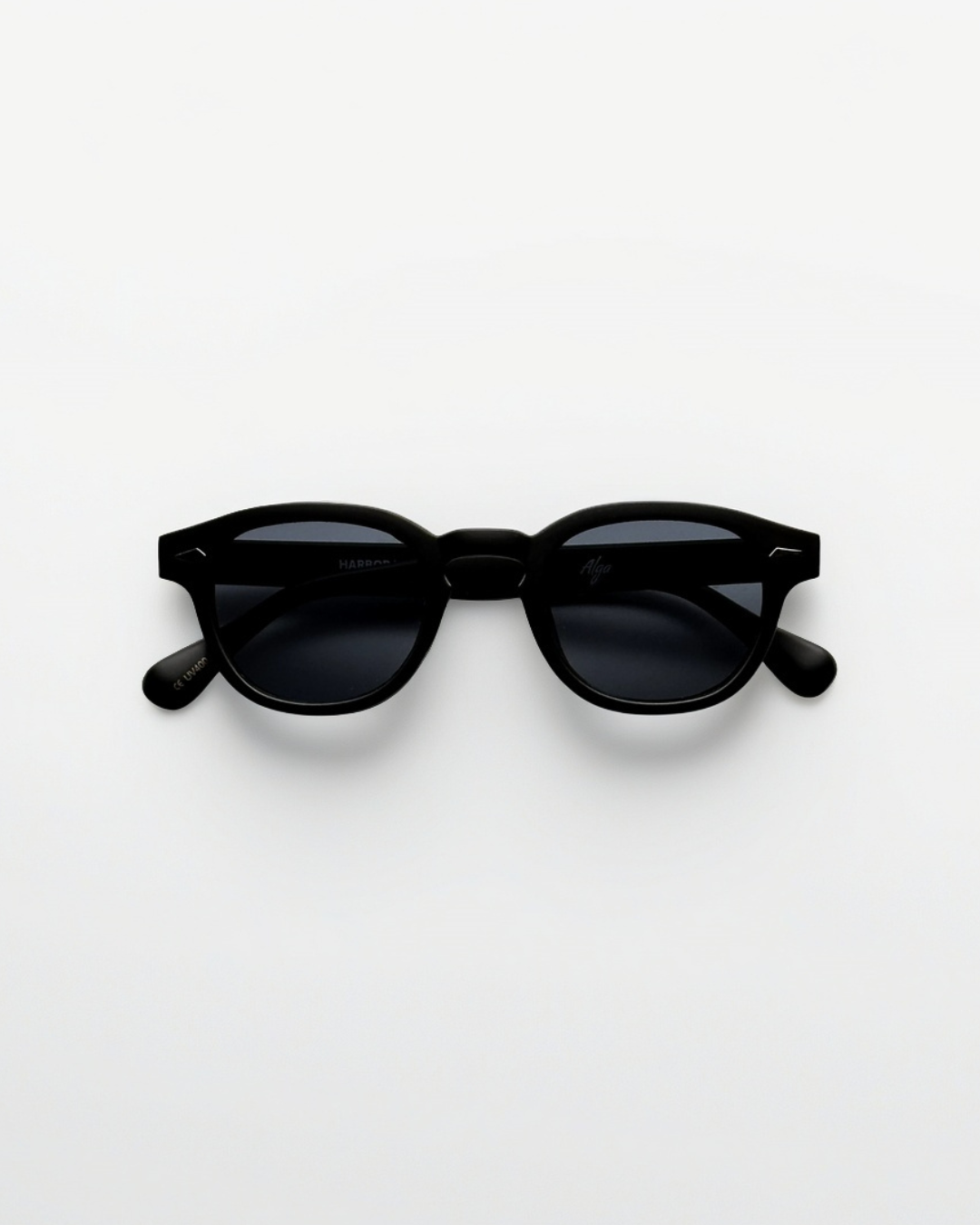 Angled product view of harbor black black sunglasses by Alga.