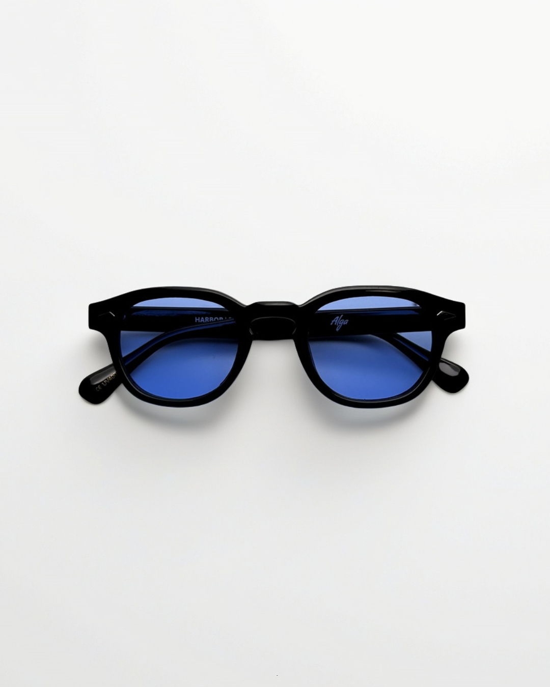 Angled product view of harbor black blue sunglasses by Alga.