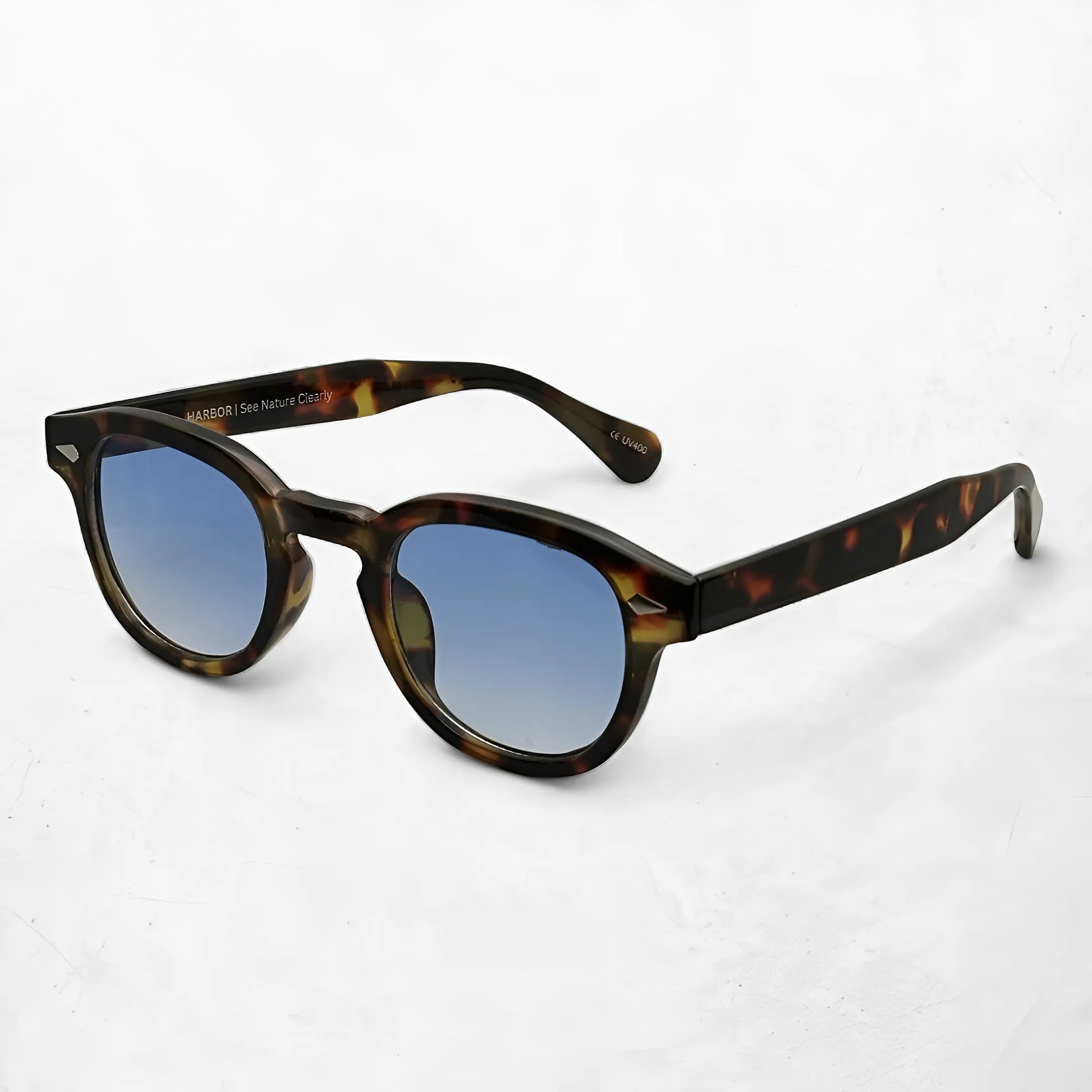 Aqua Tortoise sunglasses with gradient blue lenses, natural tortoise frame, and 100% UV protection.